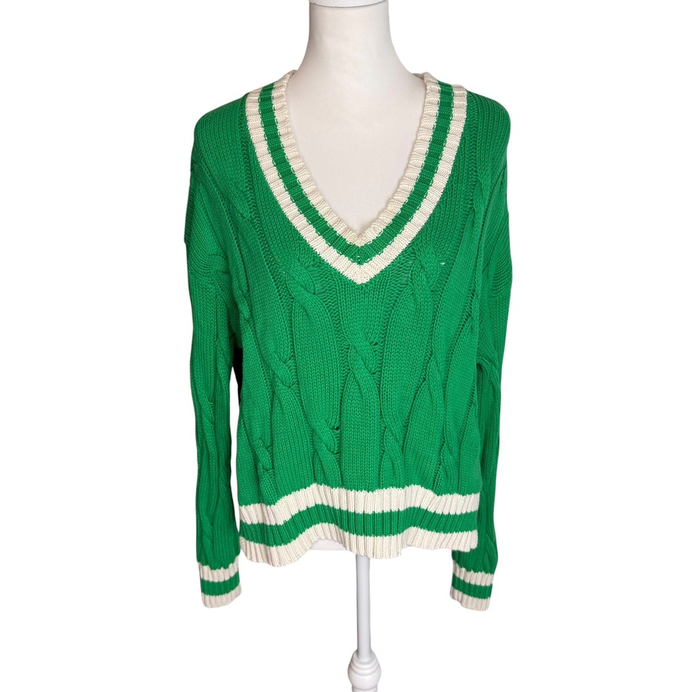 Aerie Womens Green Varsity Cable Knit V-Neck Sweater Striped Trim Small Preppy
